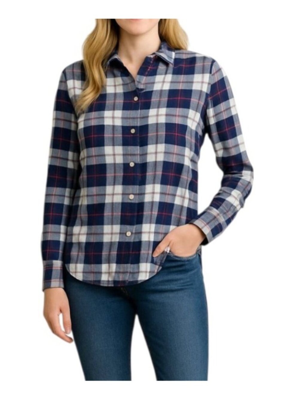 UNTUCKit Women's Plaid Cotton Button Down Shirt~Size 2~Blue White Red L14 40